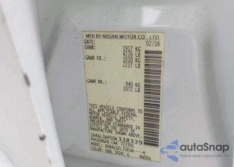 2016 Nissan Altima 2.5 S z USA, uszkodzony, nr VIN 1N4AL3AP1GN338339